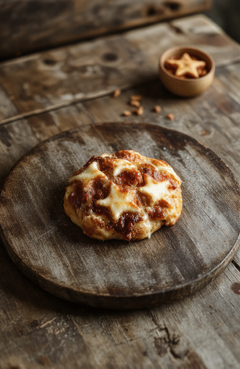 Bunter Flammkuchen in Sternenform mit knusprigem Teig, Zwiebeln, Speck und Creme auf einem rustikalen Holzbrett, frisch und einladend, perfekt als festliches Fingerfood.