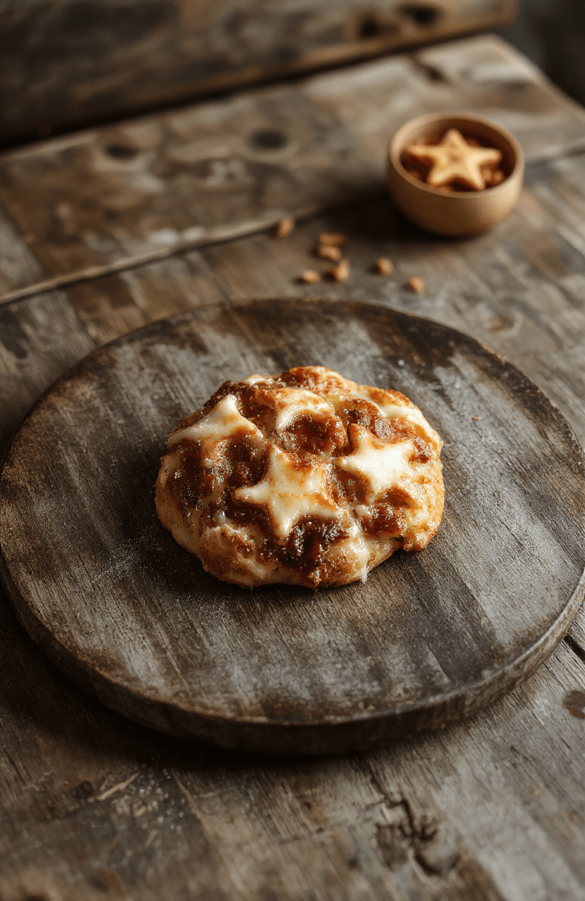 Bunter Flammkuchen in Sternenform mit knusprigem Teig, Zwiebeln, Speck und Creme auf einem rustikalen Holzbrett, frisch und einladend, perfekt als festliches Fingerfood.