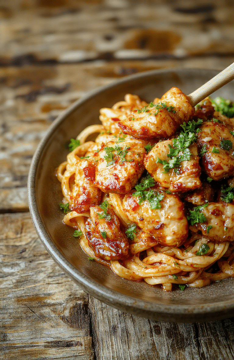 A vibrant plate of sticky garlic chicken noodles featuring golden-brown chicken pieces coated in glossy garlic sauce, nestled on a bed of perfectly cooked, slightly springy noodles. The dish is garnished with chopped green onions and sesame seeds, styled on a rustic wooden table with soft natural light highlighting the glossy sauce and crispy textures.