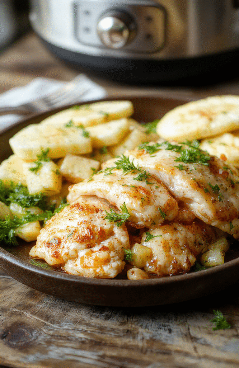 A vibrant plate of sweet Hawaiian crockpot chicken garnished with pineapple chunks, served on a rustic wooden table. The chicken is tender, glazed with a sweet sauce, surrounded by colorful bell peppers and leafy greens. The dish has glossy caramelized edges and a tropical, inviting presentation with a hint of steam rising.