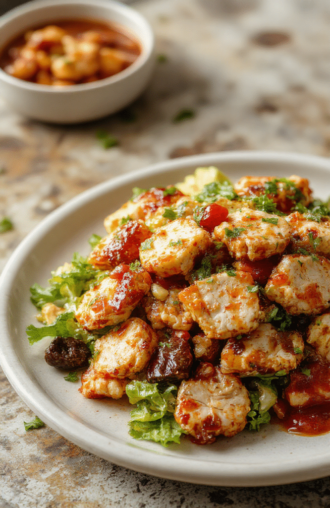 A vibrant plate of honey hot chicken salad featuring golden crispy chicken pieces drizzled with a glossy honey hot sauce, topped with fresh green herbs and colorful chopped vegetables, arranged beautifully on a rustic white plate with a light background that highlights the tempting textures and glossy finish of the dish.