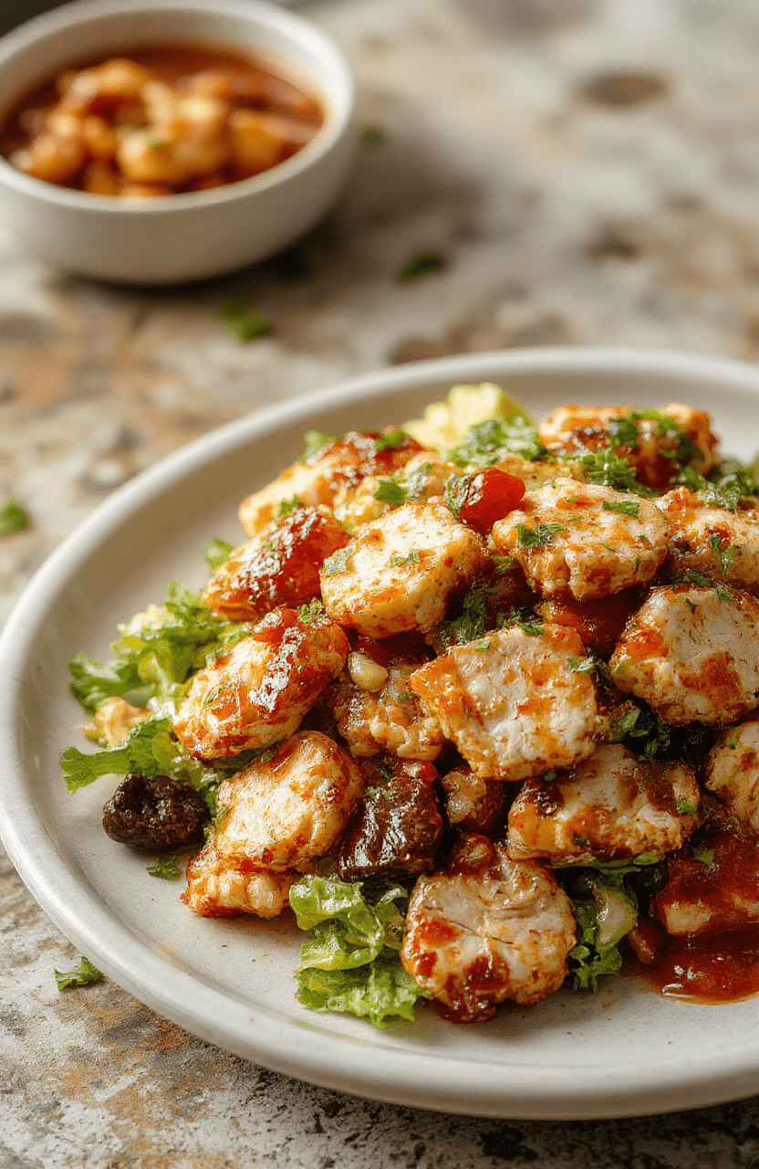A vibrant plate of honey hot chicken salad featuring golden crispy chicken pieces drizzled with a glossy honey hot sauce, topped with fresh green herbs and colorful chopped vegetables, arranged beautifully on a rustic white plate with a light background that highlights the tempting textures and glossy finish of the dish.