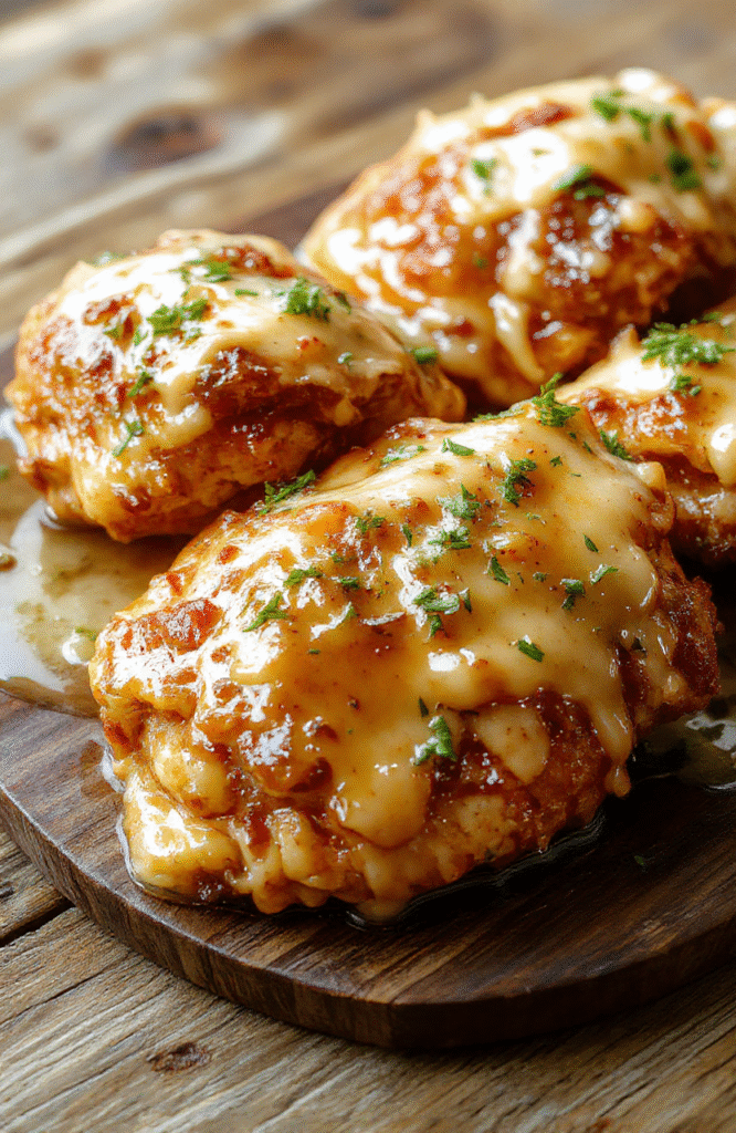 A beautifully plated honey butter chicken dish featuring golden-brown, glazed chicken breasts topped with a drizzle of honey and melting butter. The plate is garnished with fresh herbs, served on a rustic wooden table with a soft, natural light emphasizing the glossy sauce and tender meat. The textures are juicy and crispy with vibrant colors creating an appetizing visual.