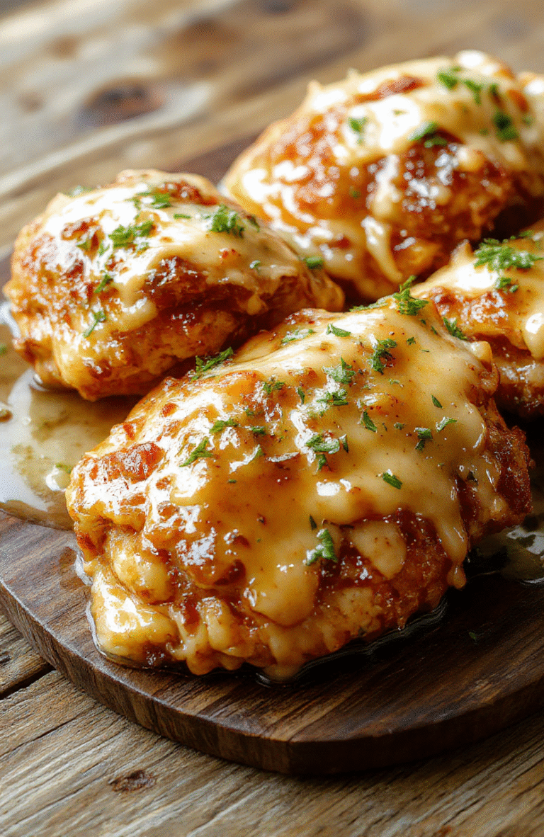 A beautifully plated honey butter chicken dish featuring golden-brown, glazed chicken breasts topped with a drizzle of honey and melting butter. The plate is garnished with fresh herbs, served on a rustic wooden table with a soft, natural light emphasizing the glossy sauce and tender meat. The textures are juicy and crispy with vibrant colors creating an appetizing visual.