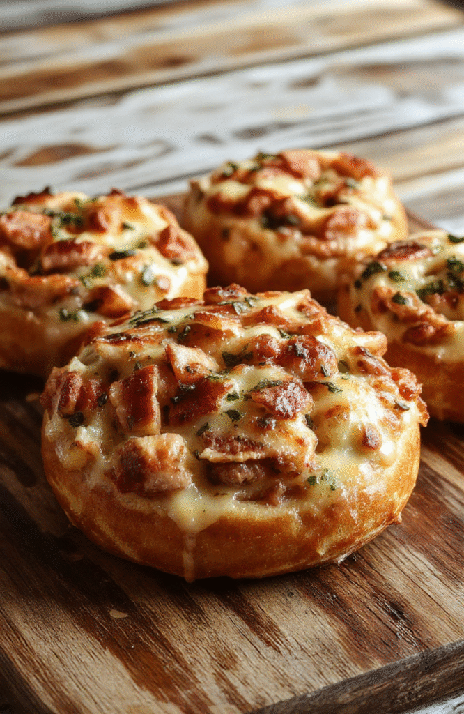 Goldene, knusprige Brezeln mit schmelzendem Käse und deftigen Schinkenstücken, elegant angerichtet auf einem rustikalen Holzbrett mit frischen Kräutern, appetitlich und einladend