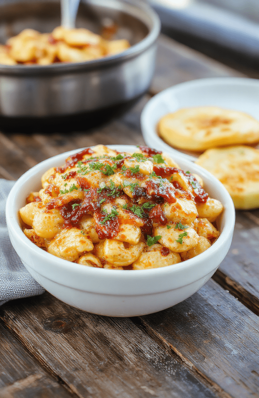 A close-up of a creamy, cheesy macaroni and cheese topped with shredded BBQ chicken, vibrant green herbs, and a drizzle of BBQ sauce. The dish is beautifully plated on a rustic wooden table, highlighting the golden-brown crust and melty cheese. Bright lighting emphasizes the textures of the gooey cheese, tender chicken, and fresh herbs, styled simply for an inviting, homey feel.