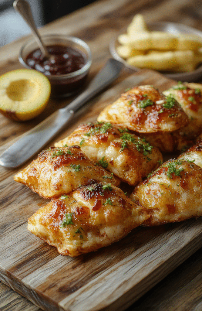 Goldbraune, knusprige Schinken-Käse-Taschen in einer rechteckigen Form, mit geschmolzenem Käse und luftigen Teig, serviert auf einem hellen Holzbrett, ansprechend und frisch