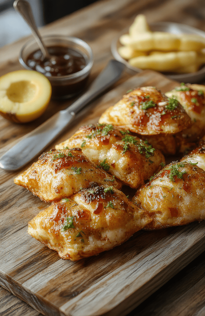 Goldbraune, knusprige Schinken-Käse-Taschen in einer rechteckigen Form, mit geschmolzenem Käse und luftigen Teig, serviert auf einem hellen Holzbrett, ansprechend und frisch