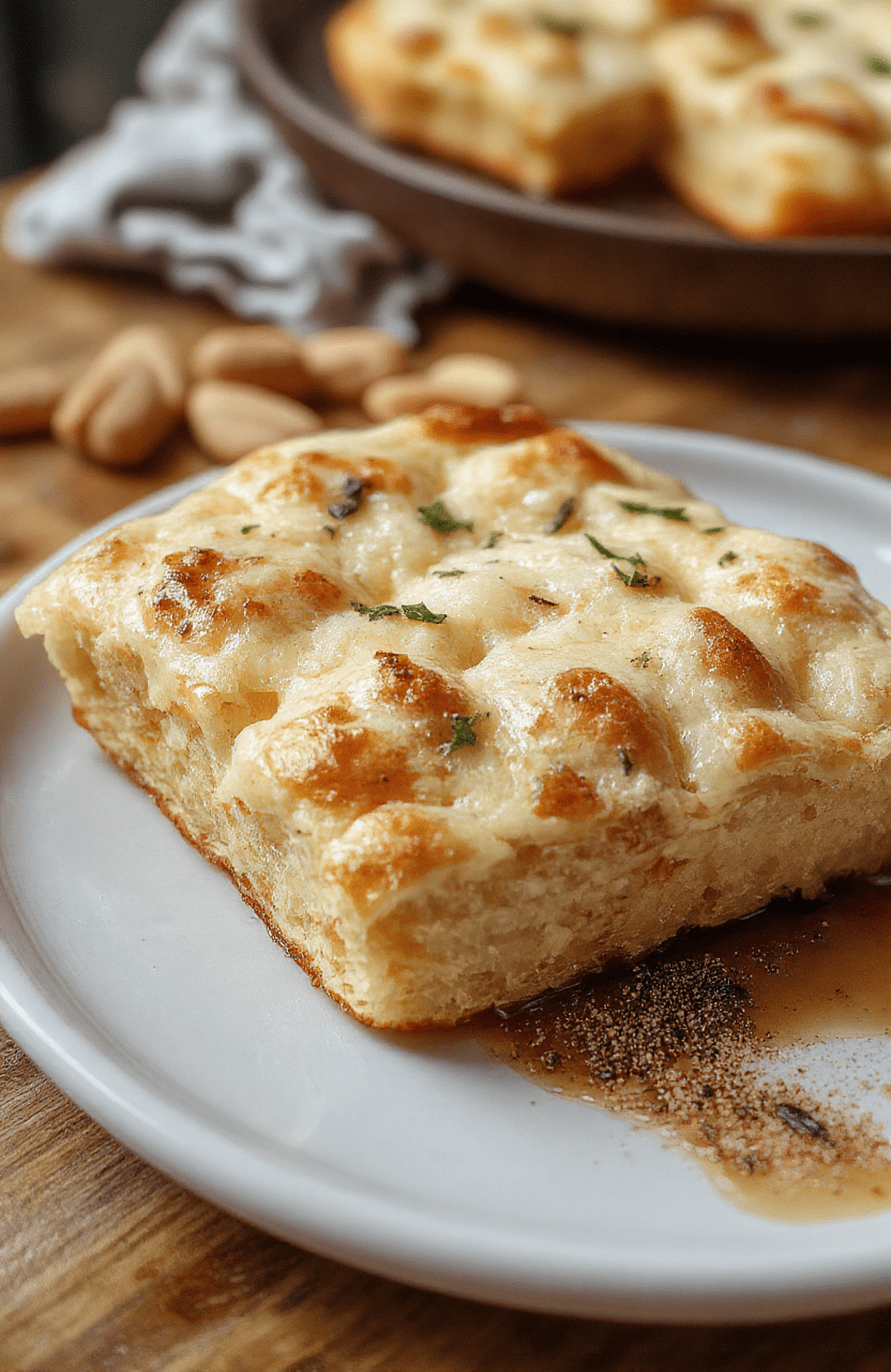 Goldene, lockere Focaccia mit knuspriger Kruste, belegt mit Rosmarin und Meersalz, auf einem natürlichen Holzbrett angerichtet, frisch und appetitlich.