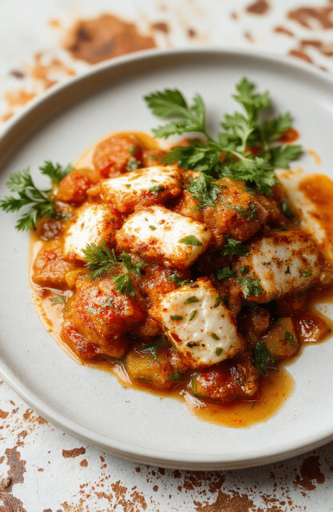 Cremiges vegetarisches Tikka Masala mit gebratenem Halloumi, serviert in einer tiefen weißen Schüssel. Die Sauce ist goldgelb mit roten Gewürzen, der Halloumi hat knusprige goldene Ränder. Frische Korianderblätter und Chilischeiben zieren das Gericht. Der Hintergrund ist hell und natürlich, mit einem rustikalen Holzbrett darunter.