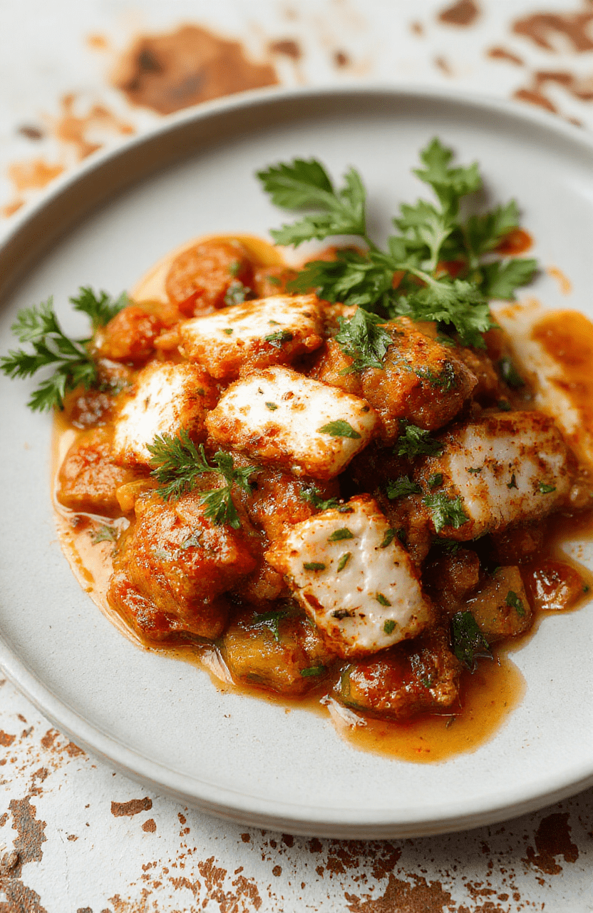 Cremiges vegetarisches Tikka Masala mit gebratenem Halloumi, serviert in einer tiefen weißen Schüssel. Die Sauce ist goldgelb mit roten Gewürzen, der Halloumi hat knusprige goldene Ränder. Frische Korianderblätter und Chilischeiben zieren das Gericht. Der Hintergrund ist hell und natürlich, mit einem rustikalen Holzbrett darunter.