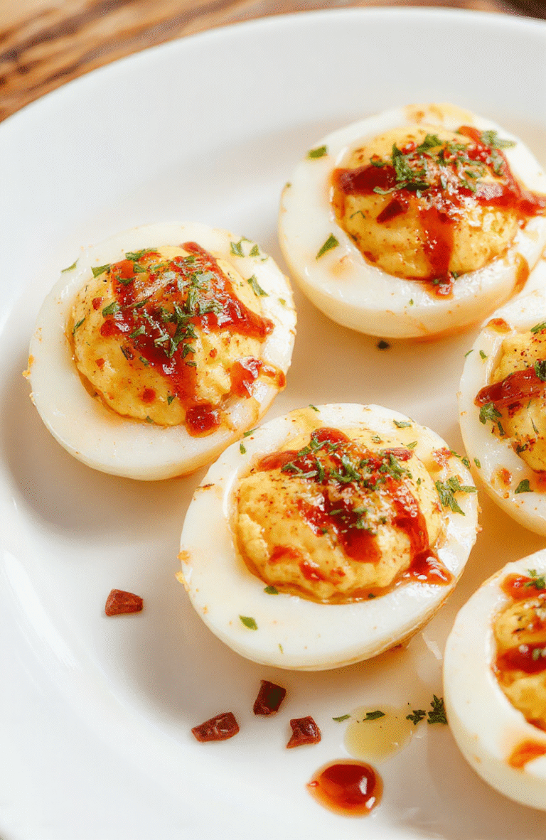Bunte gefüllte Eier auf einem weißen Teller, mit cremiger Füllung und frischen Kräutern dekoriert, sommerlich und appetitlich präsentiert