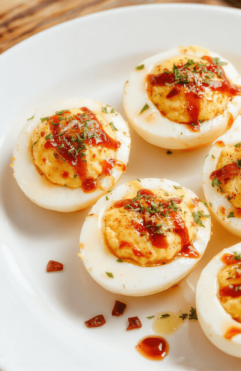 Bunte gefüllte Eier auf einem weißen Teller, mit cremiger Füllung und frischen Kräutern dekoriert, sommerlich und appetitlich präsentiert