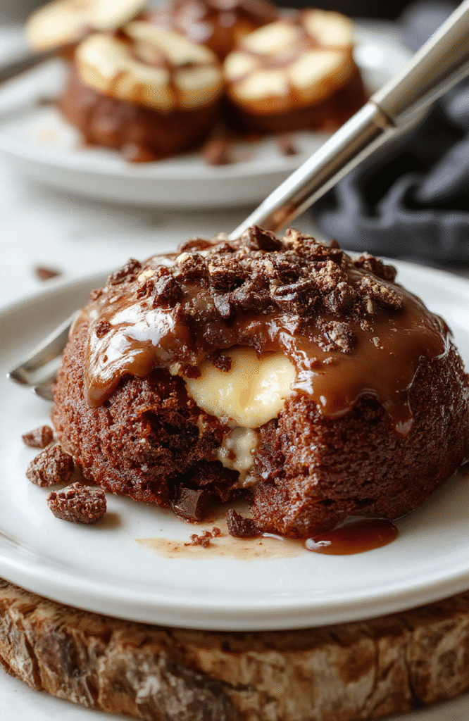 Ein saftiger Schokoladen-Gugelhupf mit cremiger Cheesecake-Füllung, üppig glasiert und mit Schokoladenraspeln dekoriert, auf einem rustikalen Holzteller präsentiert.