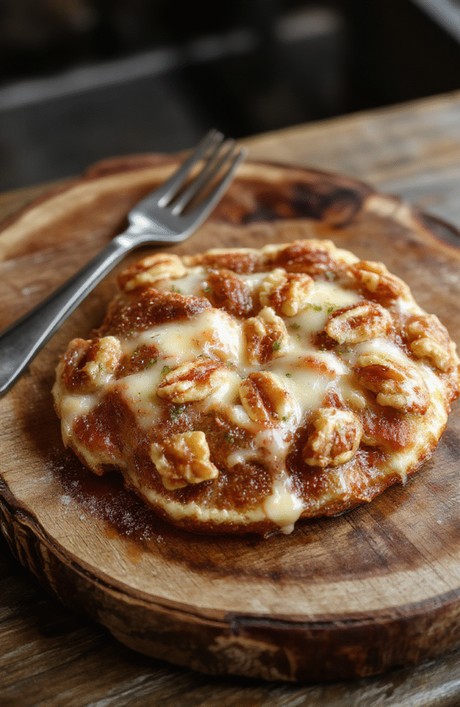 Ein saftiger Walnusskuchen mit goldbrauner Kruste, garniert mit gehackten Walnüssen, auf einem rustikalen Holzbrett, mit cremigem Kuchen im Inneren und einer knusprigen Oberfläche.