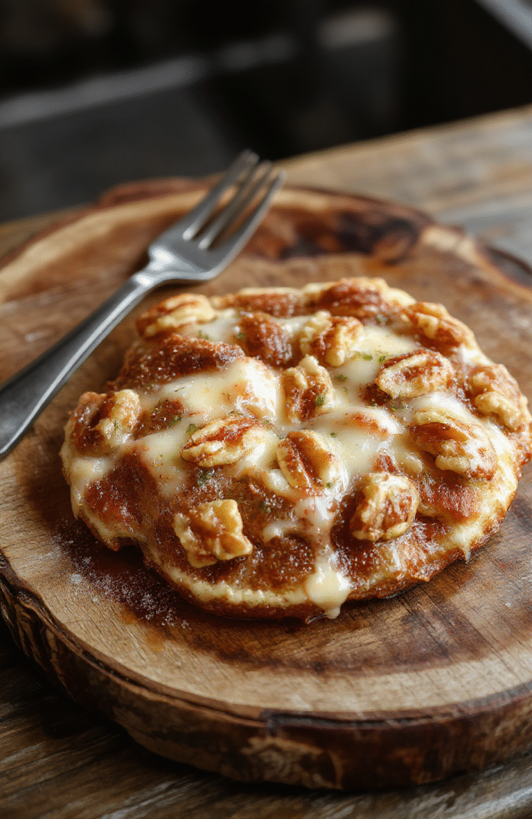 Ein saftiger Walnusskuchen mit goldbrauner Kruste, garniert mit gehackten Walnüssen, auf einem rustikalen Holzbrett, mit cremigem Kuchen im Inneren und einer knusprigen Oberfläche.