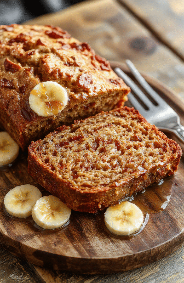 A slice of moist banana bread with a golden-brown crust, topped with banana slices and a drizzle of honey on a rustic wooden plate, vibrant natural lighting highlighting its fluffy texture, styled with fresh bananas in the background.