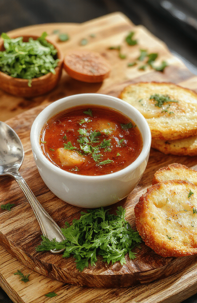 Eine dampfende rote Linsensuppe in einer weißen Schüssel, garniert mit frischer Petersilie, vor einem Holztablett mit Zutaten, farbenfroh und einladend.