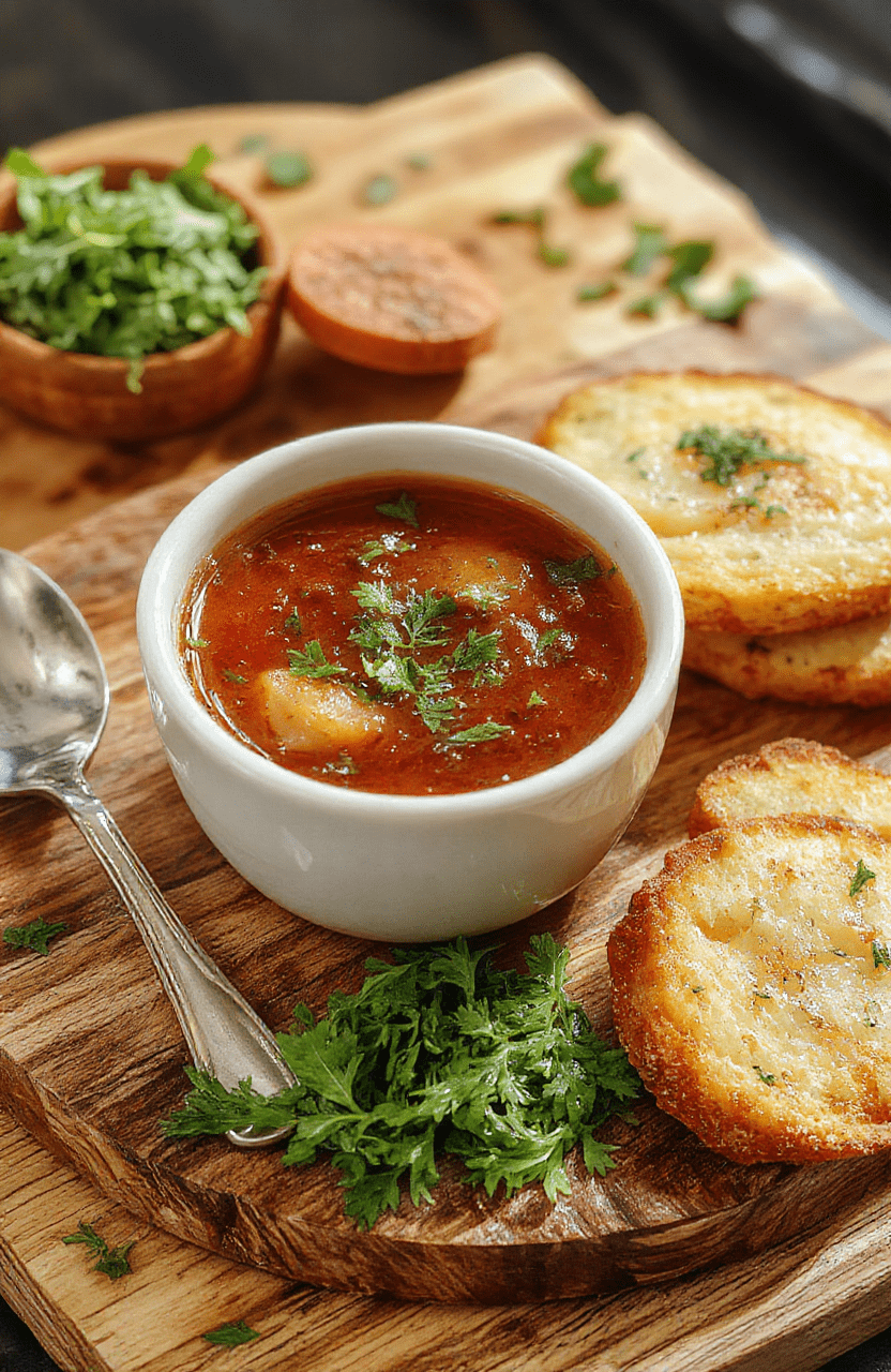 Eine dampfende rote Linsensuppe in einer weißen Schüssel, garniert mit frischer Petersilie, vor einem Holztablett mit Zutaten, farbenfroh und einladend.