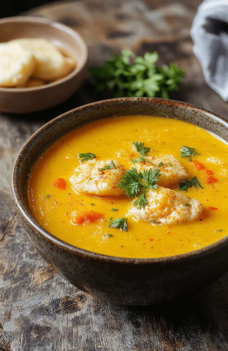 A vibrant bowl of golden turmeric chicken soup garnished with fresh herbs, served on a rustic wooden table. The soup has a smooth, velvety texture with chunks of tender chicken, bright yellow turmeric hue, and sprinkled black pepper. The scene includes a spoon resting on the bowl and a side of crusty bread, styled with natural daylight highlighting the warm colors and inviting presentation.