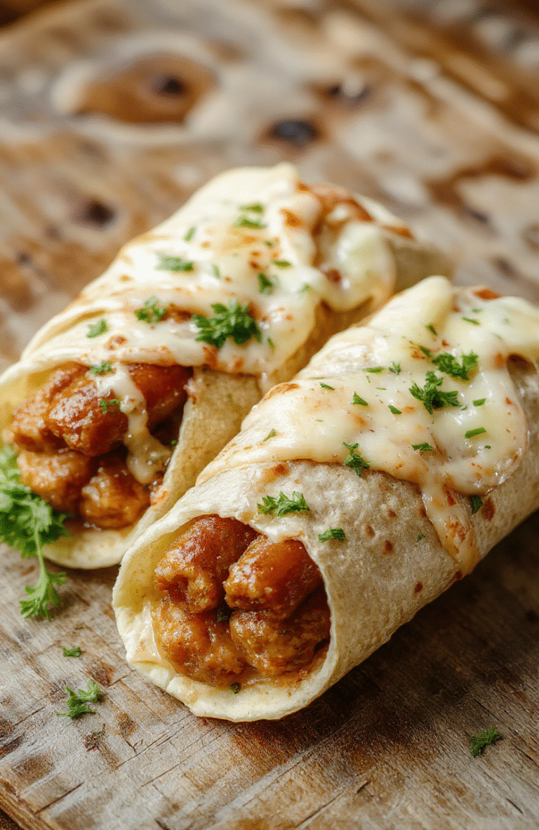 Nahaufnahme von Bratwurst-Wraps auf einem rustikalen Holztisch, mit saftigen Bratwürsten, frischem Krautsalat und schmelzendem Käse, appetitlich und einladend