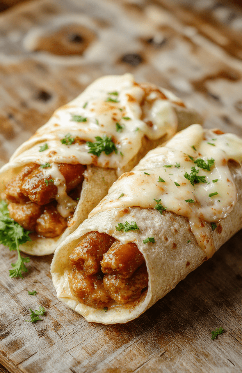 Nahaufnahme von Bratwurst-Wraps auf einem rustikalen Holztisch, mit saftigen Bratwürsten, frischem Krautsalat und schmelzendem Käse, appetitlich und einladend