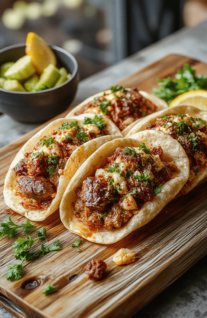 Bunte Mini-Tacos mit würzigem Hackfleisch, frischem Salat, geschmolzenem Käse auf einem hellen Holztisch, appetitlich und einladend