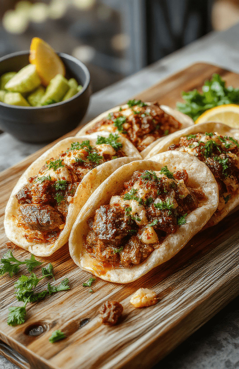 Bunte Mini-Tacos mit würzigem Hackfleisch, frischem Salat, geschmolzenem Käse auf einem hellen Holztisch, appetitlich und einladend