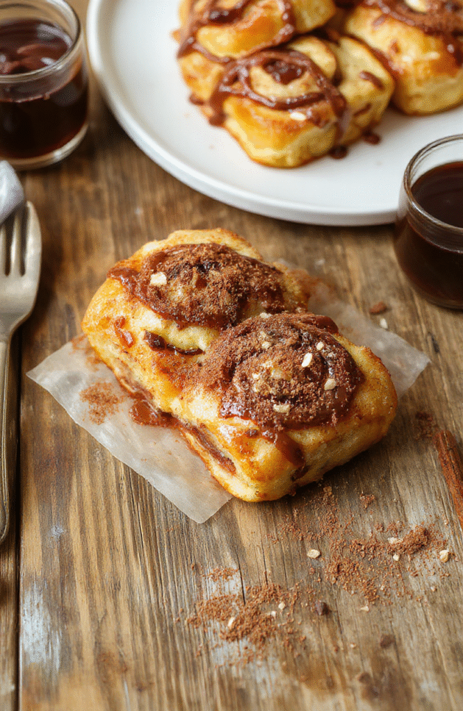 Bunte French Toast Rollen mit Nutella-Füllung, bestreut mit Zimt, auf einem hellen Holztisch präsentiert, süß und verlockend, mit cremigem Nutella-Interior und golden-braunen Rändern.