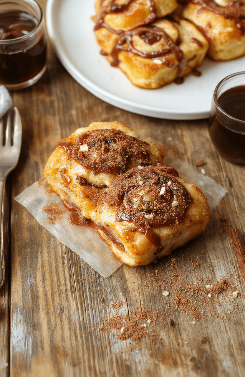 Bunte French Toast Rollen mit Nutella-Füllung, bestreut mit Zimt, auf einem hellen Holztisch präsentiert, süß und verlockend, mit cremigem Nutella-Interior und golden-braunen Rändern.