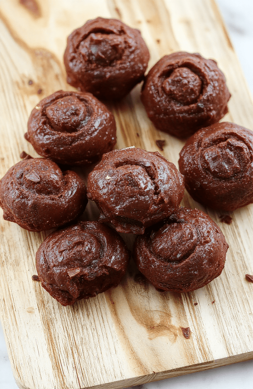 Goldbraun gebackene Schoko-Brötchen liegen locker auf einer hellen Oberfläche. Die Oberflächen sind leicht glänzend, mit dunklen Kakao-Nuancen und sichtbaren Schokoladenstückchen. Der Teig sieht locker und saftig aus, die Brötchen wirken frisch und einladend.