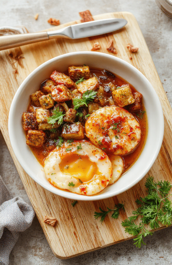 Farbenfrohe Meal-Prep-Szene: Mehrere luftdichte Behälter auf einer hellen Holzoberfläche, gefüllt mit buntem Gemüse, Reis oder Quinoa, Hühnchen oder Tofu als Protein, Garnitur aus Kräutern. Texturen reichen von glatt bis knackig, Belag glänzt leicht; neutrale Lichtstimmung betont Farben und Frische.