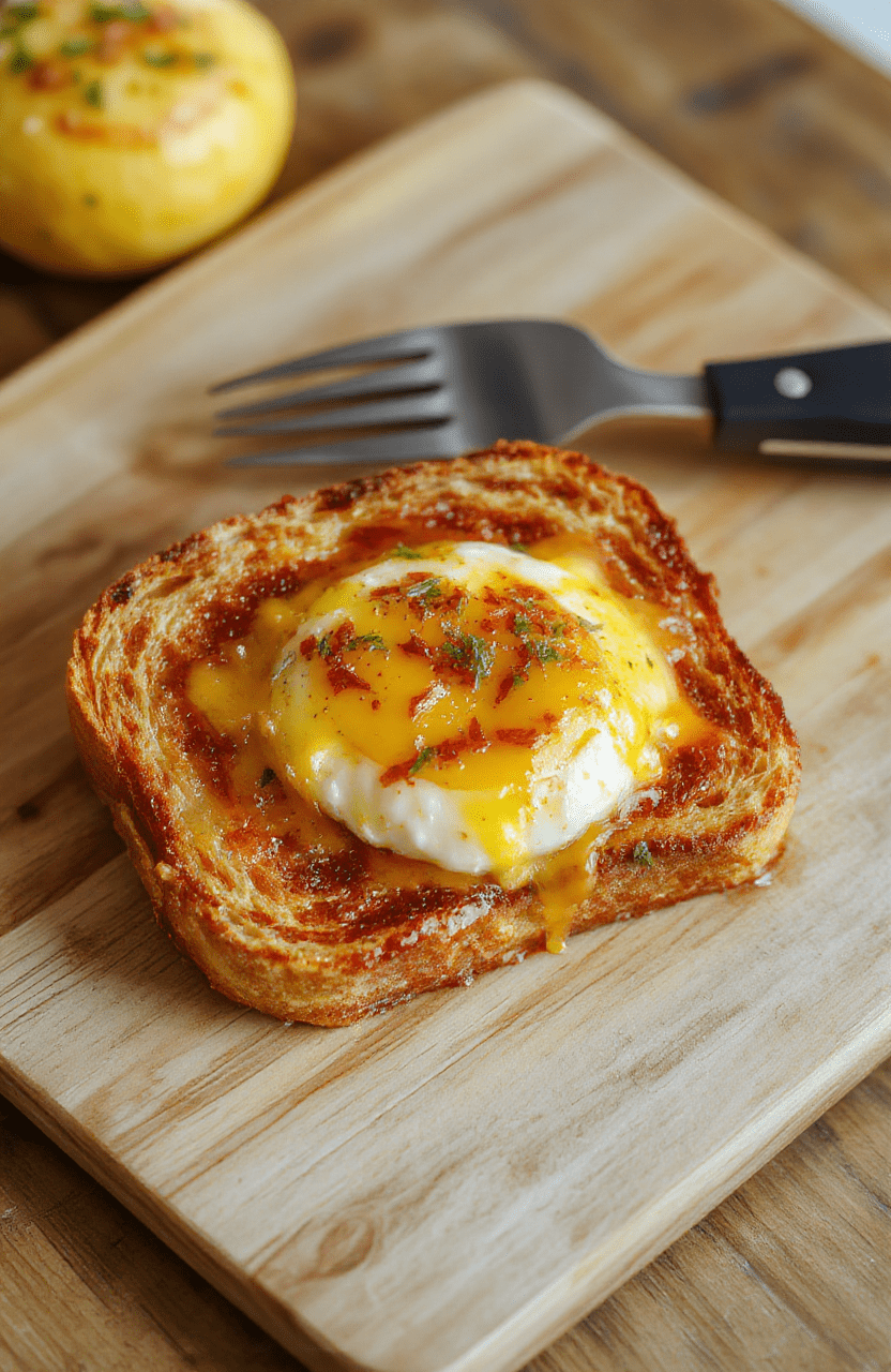 Zwei Scheiben Toast mit Käse, belegt mit zwei Eiern, goldbraun gebacken und leicht glänzend, serviert auf einem hellen Holzteller. Das Gericht wirkt einfach, rustikal und appetitlich, mit natürlichem Licht und sanften Schatten.