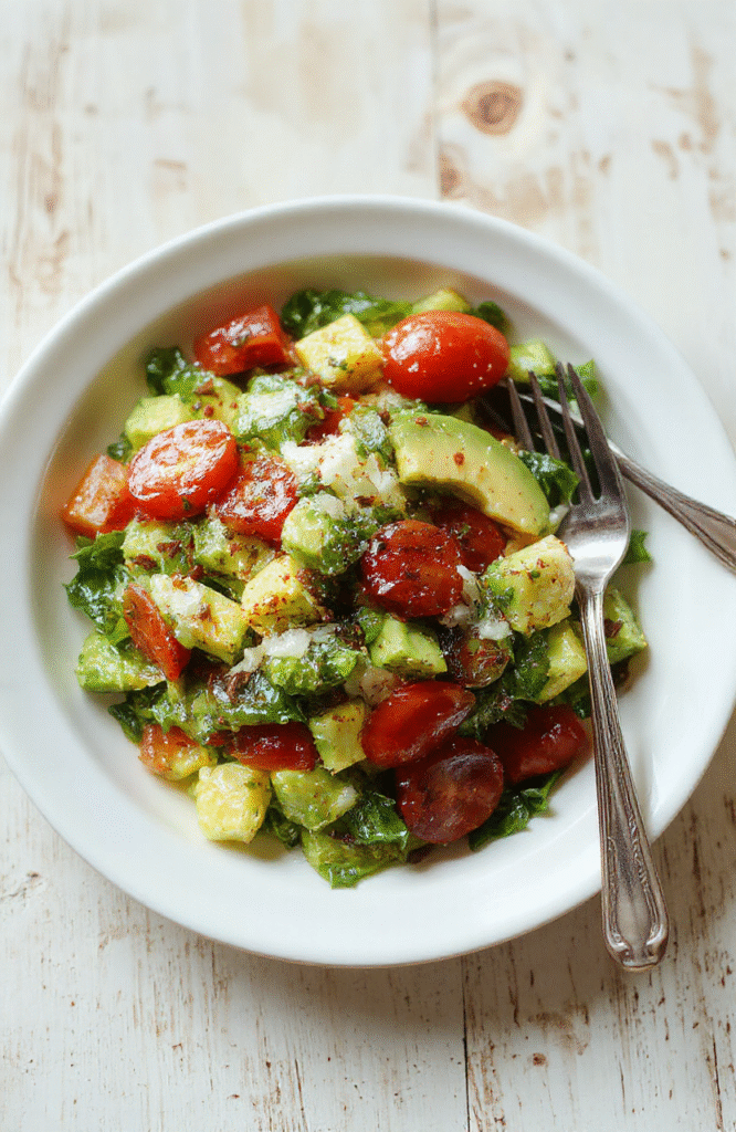 Bunter Salat aus Avocado, Tomate und Gurke, garniert mit frischer Petersilie; Avocado in cremigen Scheiben, Tomatenwürfel, Gurkenscheiben, leicht glänzend durch Olivenöl