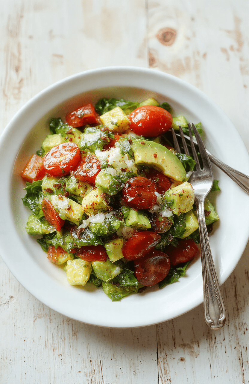 Bunter Salat aus Avocado, Tomate und Gurke, garniert mit frischer Petersilie; Avocado in cremigen Scheiben, Tomatenwürfel, Gurkenscheiben, leicht glänzend durch Olivenöl