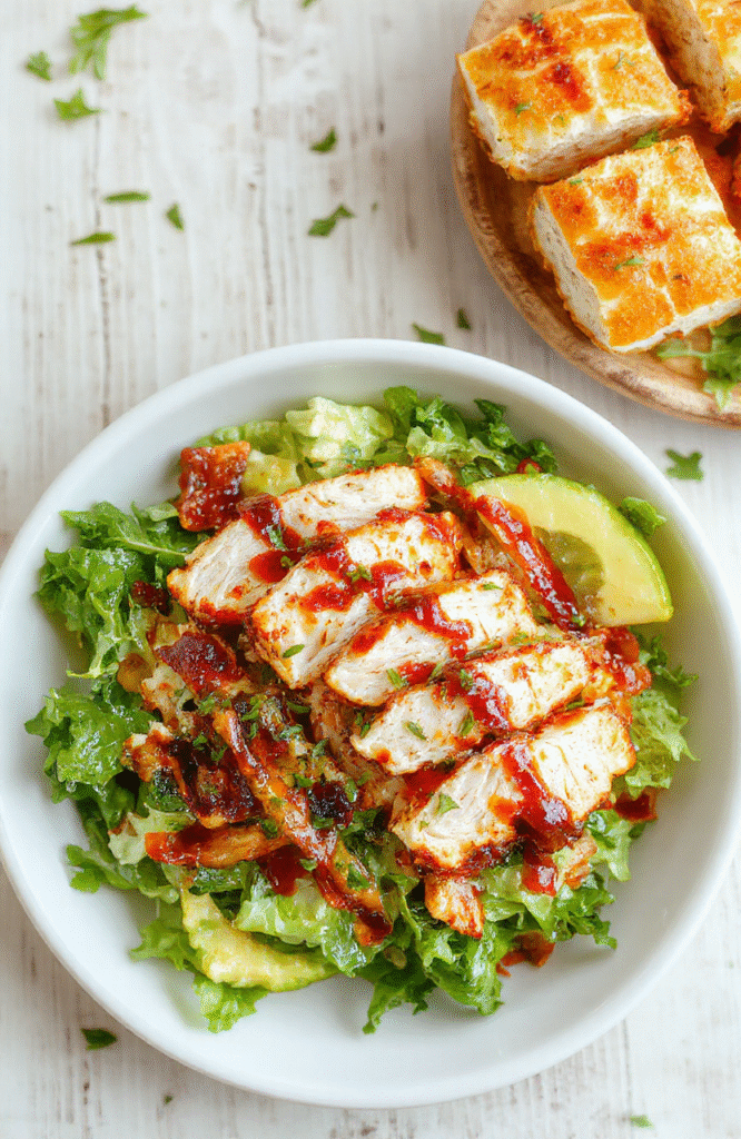 Auf einem weißen Teller liegt ein bunter BBQ Hähnchen Salat mit gegrillten Hähnchenstreifen, grünen Salatblättern, Mais, Kirschtomaten, Gurken und roten Zwiebeln, garniert mit frischen Kräutern. Das Dressing wirkt cremig und leicht rauchig. Die Texturen reichen von knusprig frischem Blattgrün bis zu saftigem Hähnchen.