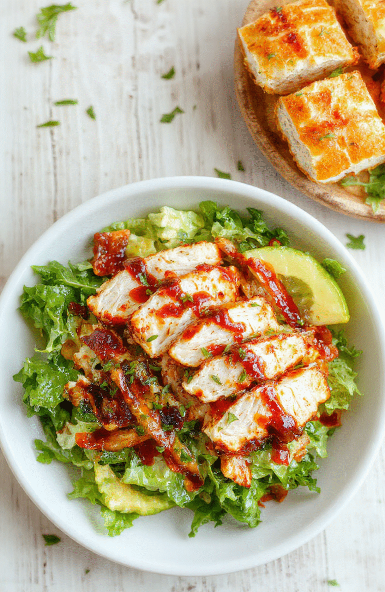 Auf einem weißen Teller liegt ein bunter BBQ Hähnchen Salat mit gegrillten Hähnchenstreifen, grünen Salatblättern, Mais, Kirschtomaten, Gurken und roten Zwiebeln, garniert mit frischen Kräutern. Das Dressing wirkt cremig und leicht rauchig. Die Texturen reichen von knusprig frischem Blattgrün bis zu saftigem Hähnchen.