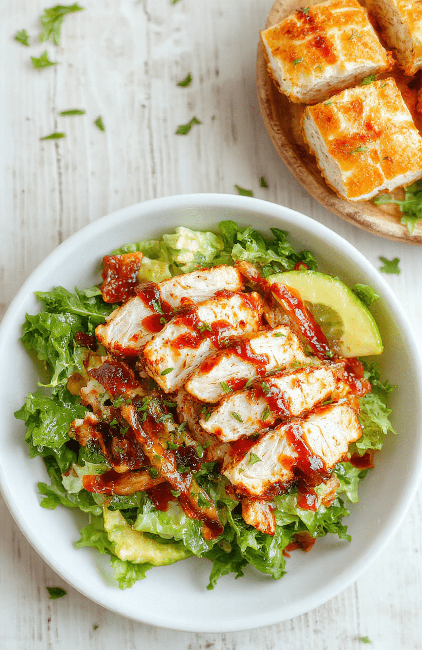 Auf einem weißen Teller liegt ein bunter BBQ Hähnchen Salat mit gegrillten Hähnchenstreifen, grünen Salatblättern, Mais, Kirschtomaten, Gurken und roten Zwiebeln, garniert mit frischen Kräutern. Das Dressing wirkt cremig und leicht rauchig. Die Texturen reichen von knusprig frischem Blattgrün bis zu saftigem Hähnchen.