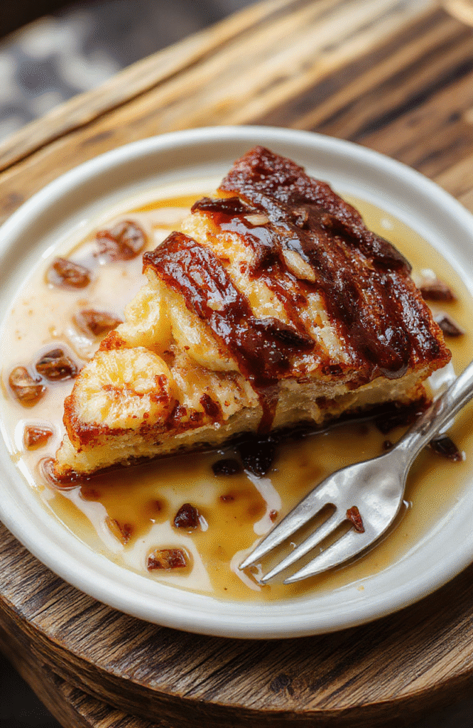 Eine cremige Bananen Split Torte in einer runden Form auf heller Holzplatte. Boden aus zerbröselten Keksen, darauf eine cremige Käsefüllung, belegt mit Bananenscheiben und einer leichten Schokosauce. Das Dessert wirkt kühl, fest und verführerisch.