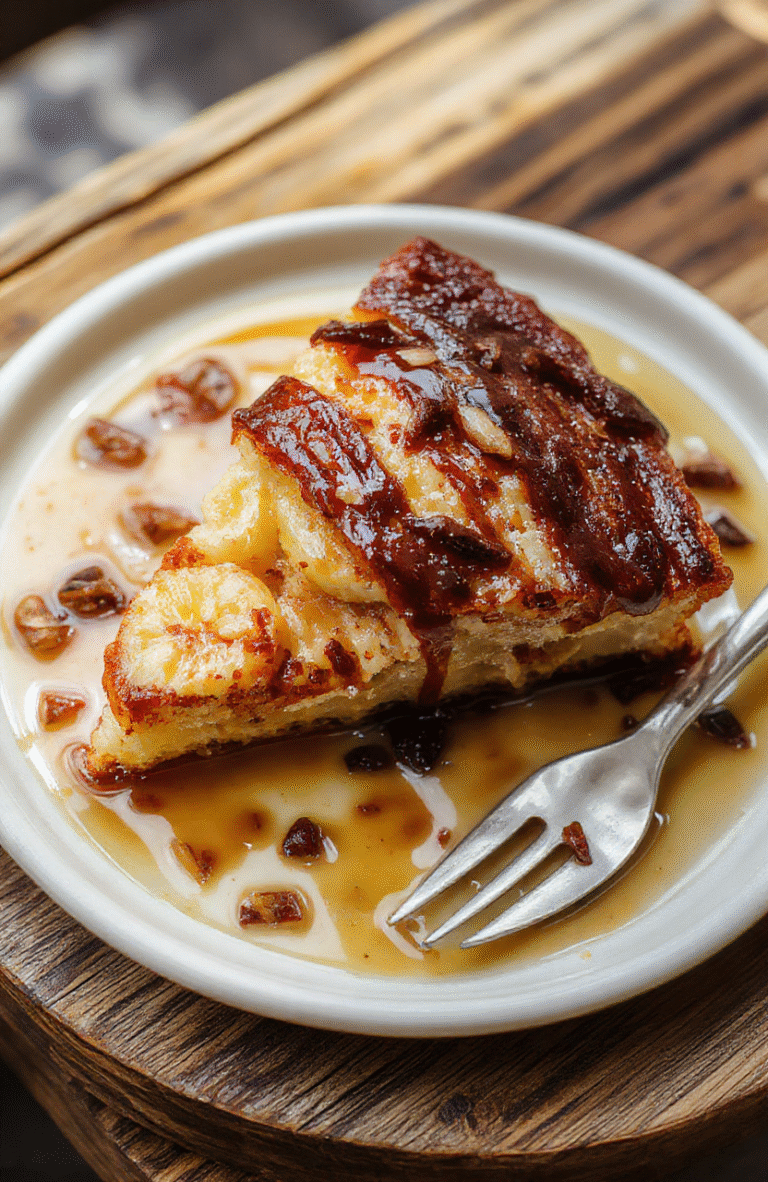 Eine cremige Bananen Split Torte in einer runden Form auf heller Holzplatte. Boden aus zerbröselten Keksen, darauf eine cremige Käsefüllung, belegt mit Bananenscheiben und einer leichten Schokosauce. Das Dessert wirkt kühl, fest und verführerisch.