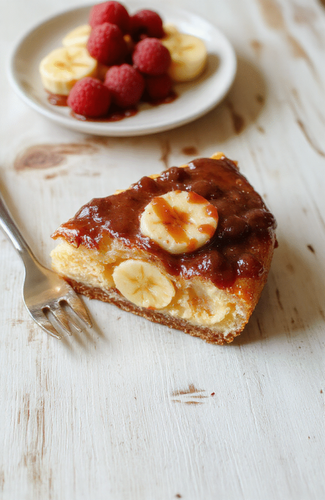 Eine Bananen-Split-Torte ohne Backen auf einem flachen Teller. Eine cremige Frischkäsefüllung über dem knusprigen Keksboden, darüber scheiben reifer Bananen, glatte Schoko-Sauce und dezenter Glanz. Hell belichtet, weiche Hintergrundunschärfe.