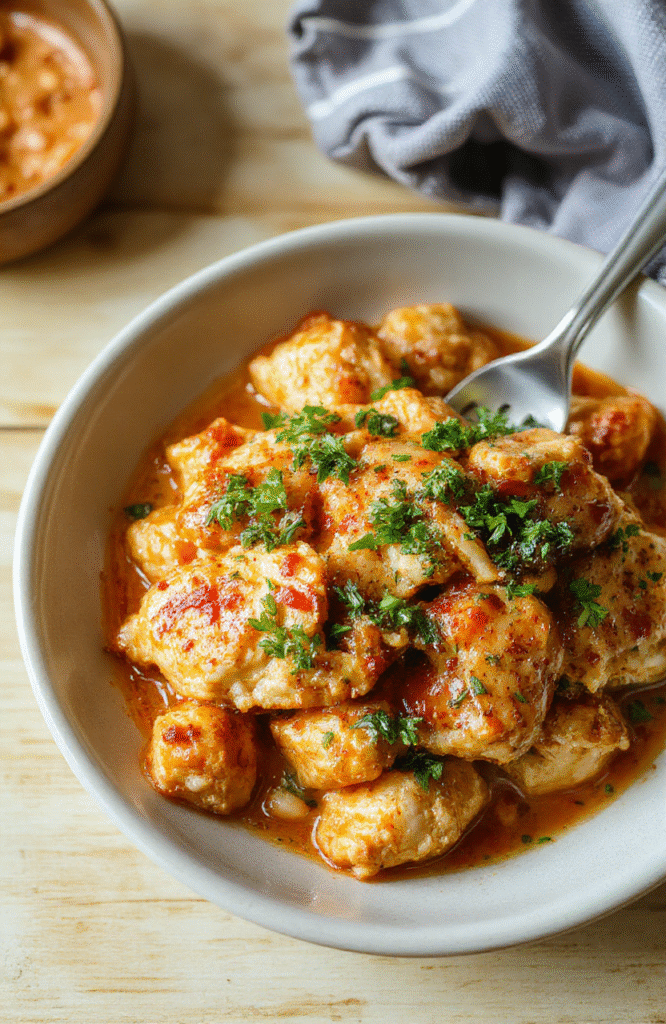 Nahaufnahme eines Bang Bang Hähnchen Auflaufs in cremiger Sauce, goldbraun überbackener Käse, Paprika und Zwiebeln sichtbar, serviert auf einem weißen Teller auf hellem Holztisch, Nahaufnahme, würzige Aromen sichtbar