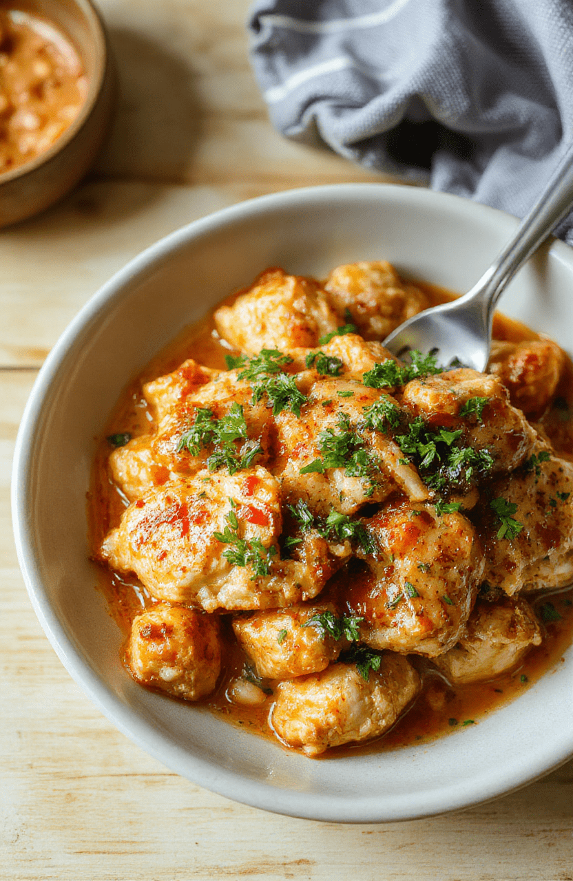 Nahaufnahme eines Bang Bang Hähnchen Auflaufs in cremiger Sauce, goldbraun überbackener Käse, Paprika und Zwiebeln sichtbar, serviert auf einem weißen Teller auf hellem Holztisch, Nahaufnahme, würzige Aromen sichtbar