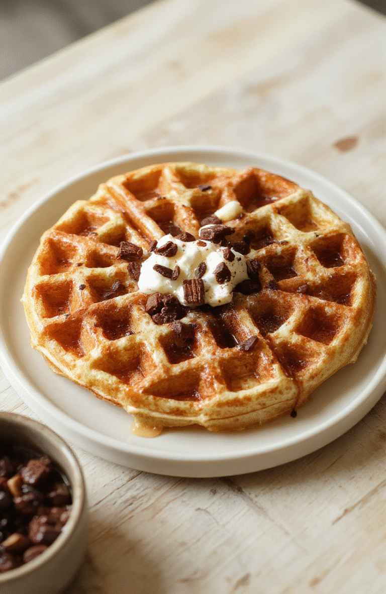 Würzige goldbraun gebräunte belgische Vanille-Joghurt-Waffeln liegen gestapelt auf einem hellen Teller, daneben ein Klecks Vanillejoghurt. Die Oberflächen sind leicht glänzend, die Textur knusprig-auflösend, und die Szene wirkt hell und natürlich, als wäre sie in einer gemütlichen Küche bei Tageslicht fotografiert.