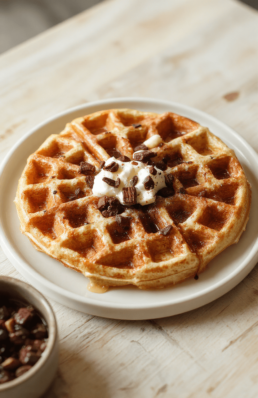 Würzige goldbraun gebräunte belgische Vanille-Joghurt-Waffeln liegen gestapelt auf einem hellen Teller, daneben ein Klecks Vanillejoghurt. Die Oberflächen sind leicht glänzend, die Textur knusprig-auflösend, und die Szene wirkt hell und natürlich, als wäre sie in einer gemütlichen Küche bei Tageslicht fotografiert.