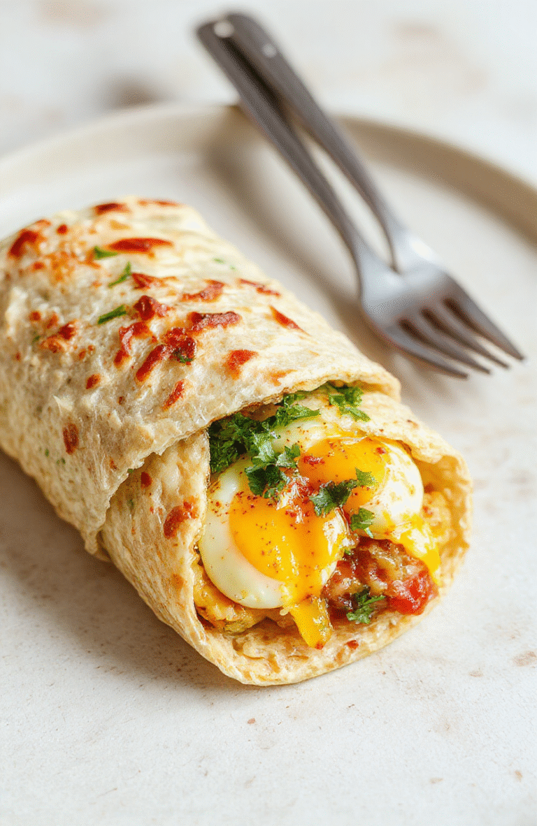 Nahaufnahme eines goldbraun gerollten Frühstückswraps auf hellem Holztisch. Im Inneren sichtbar schmelziger Käse, Rührei und Tomatenstücke, dazu frischer Spinat an der Seite. Die Textur wirkt knusprig, die Füllung saftig und farbenfroh, alles elegant in einem einfachen Wrap eingeschlossen.