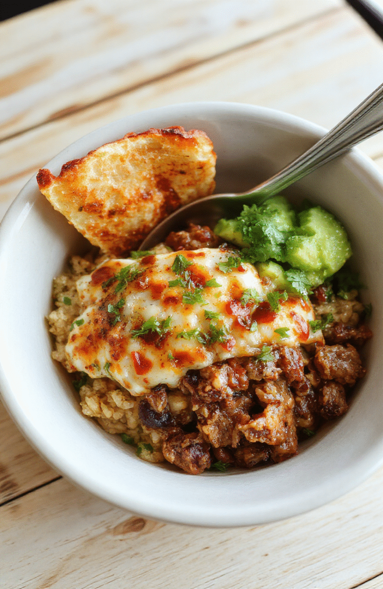 Ein bunter Burrito Bowl Teller mit Rinderhack, Reis, schwarzen Bohnen, Mais, roter Paprika, Zwiebel, Avocado und frischem Koriander. Die Texturen reichen von gebratenem Hack bis zu lockerem Reis und knackigem Gemüse in einer hellen Schüssel.