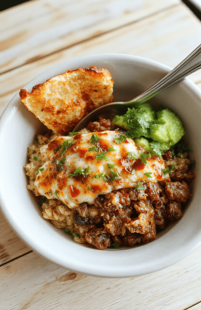 Ein bunter Burrito Bowl Teller mit Rinderhack, Reis, schwarzen Bohnen, Mais, roter Paprika, Zwiebel, Avocado und frischem Koriander. Die Texturen reichen von gebratenem Hack bis zu lockerem Reis und knackigem Gemüse in einer hellen Schüssel.