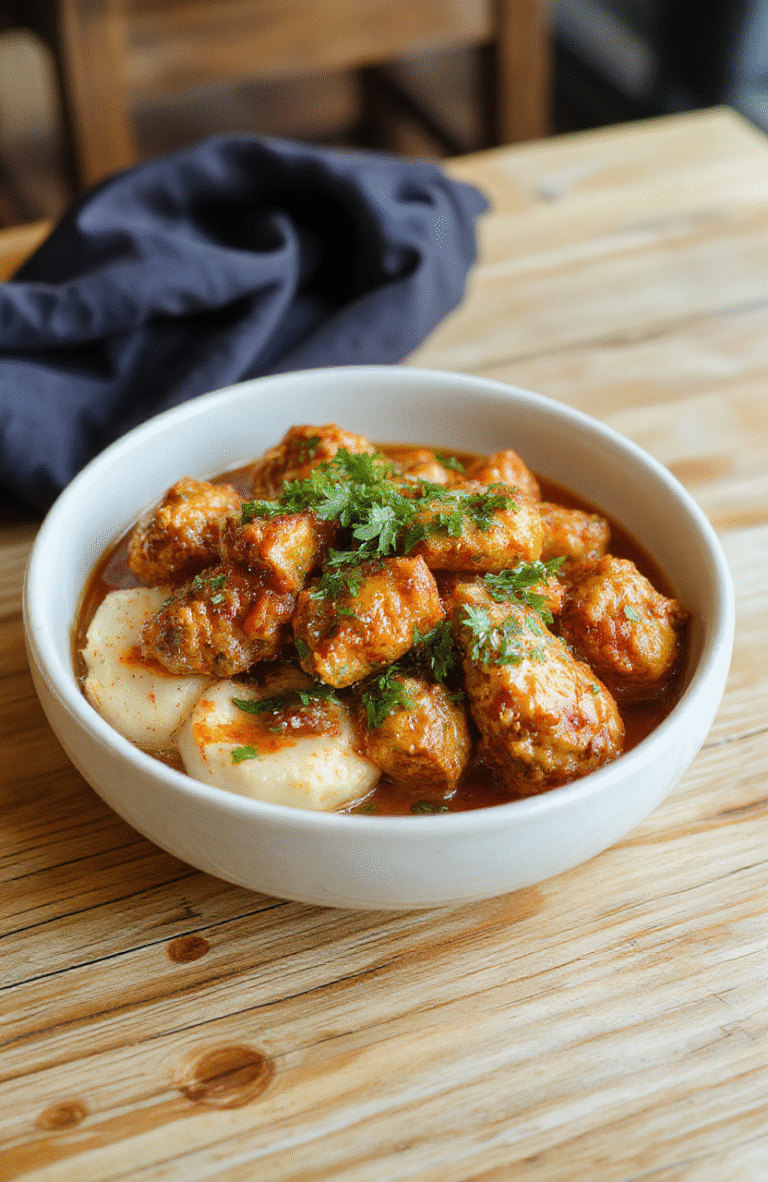 Auf einem weißen Teller liegt cremiges Butter Chicken Curry mit goldener Soße, darin zarte Hähnchenstücke. Die Oberfläche ist glänzend, der Duft der Gewürze scheint fast sichtbar, mit einem Hauch von frischem Koriander.