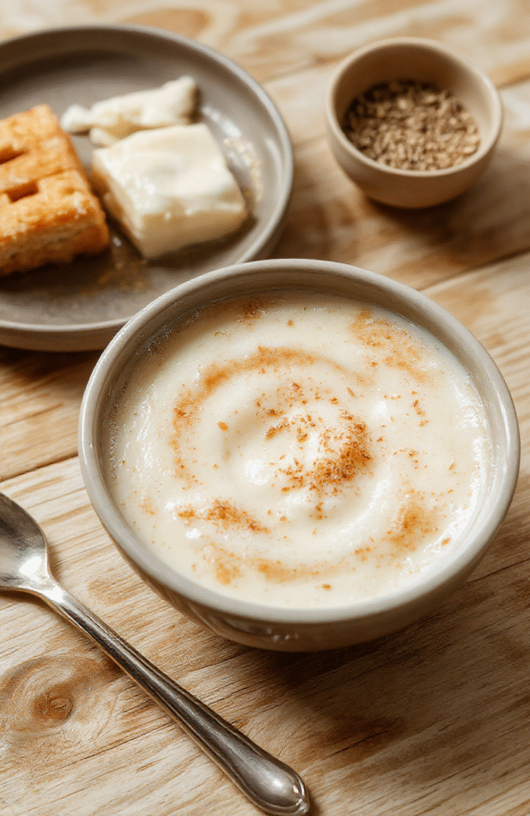 Eine cremige Cappuccino Creme in einem kleinen Glas mit einer feinen Milchschaumschicht, bestäubt mit Kakao, auf heller Holzoberfläche. Das Setting wirkt leicht minimalistisch und einladend.